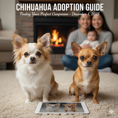 Ảnh hai bé Chihuahua ngồi trước lò sưởi cùng gia đình phía sau, tạo cảm giác ấm áp khi bắt đầu hành trình nhận nuôi.