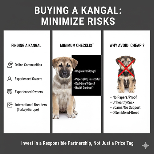 Hình minh họa các bước kiểm tra khi mua chó Kangal và rủi ro của chó giá rẻ không giấy tờ