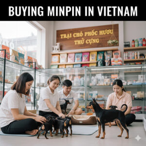 Mua bán chó Phốc hươu Minpin và gợi ý các trại uy tín tại Việt Nam, hình ảnh nhân viên đang chăm sóc đàn cún khỏe mạnh trong cửa hàng thú cưng.