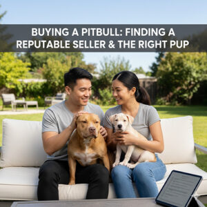 Cặp đôi đang bế hai bé Pitbull trong sân vườn, minh họa kinh nghiệm mua bán chó Pitbull uy tín.