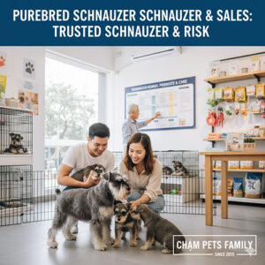 Gia đình đang chơi cùng nhiều chó Schnauzer tại cửa hàng thú cưng, không gian sáng sủa và chuyên nghiệp.