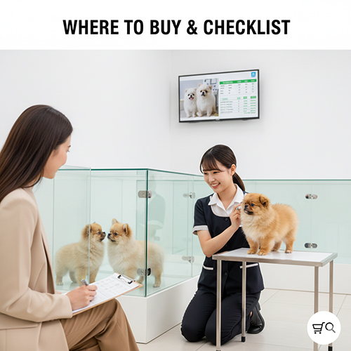 Khách hàng xem và chọn mua chó Bắc Kinh lai Phốc Sóc tại cửa hàng thú cưng