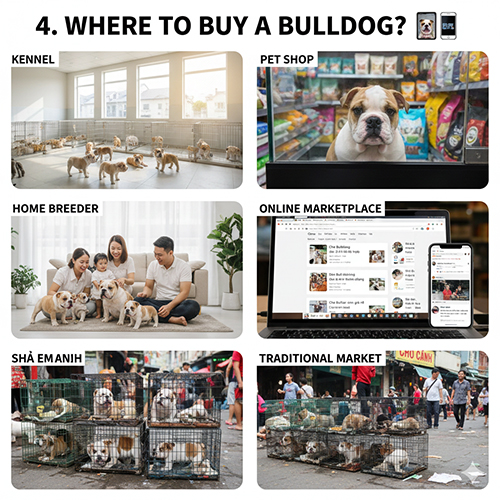 Các kênh mua chó Bulldog Anh và ưu nhược điểm