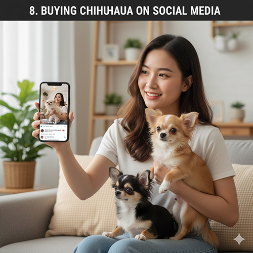 Ảnh cô gái bế hai bé Chihuahua và livestream trên mạng xã hội.