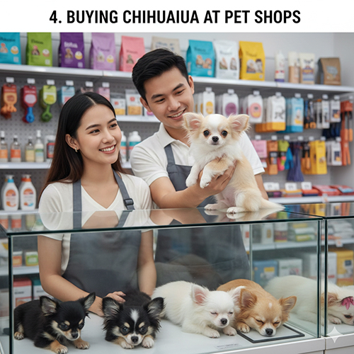 Ảnh nhân viên pet shop giới thiệu Chihuahua con cho khách hàng.