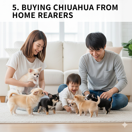 Ảnh gia đình chơi đùa với đàn Chihuahua con trong môi trường nuôi tại nhà.