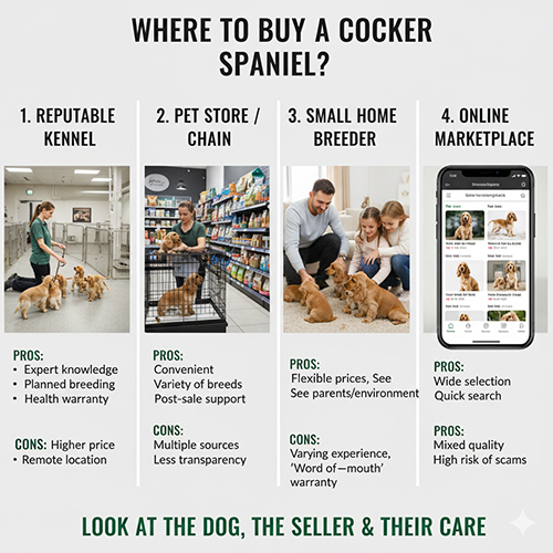 So sánh các kênh mua chó Cocker Spaniel gồm trại chó, pet shop, người nuôi nhỏ lẻ và chợ online