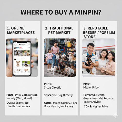 Ba kênh mua Phốc hươu phổ biến: online, chợ thú cưng và trại uy tín – kèm ưu nhược điểm minh họa bằng hình ảnh.