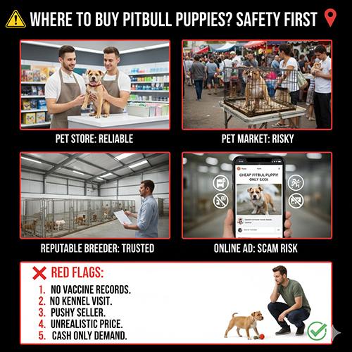 So sánh các kênh mua chó Pitbull con: trại chó, cửa hàng, chợ thú cưng và online
