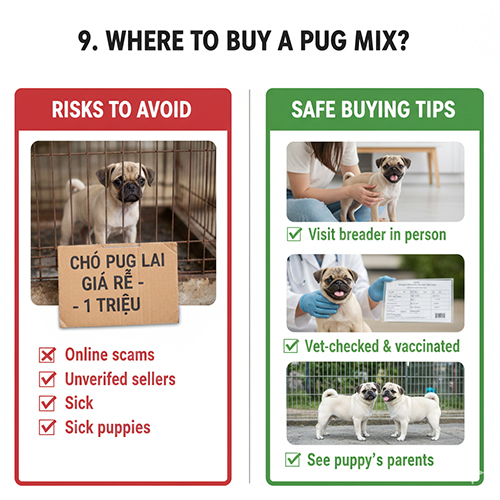 Hình ảnh hướng dẫn nơi mua chó Pug lai an toàn và các rủi ro cần tránh khi gặp tin rao giá rẻ