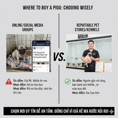 Infographic so sánh nơi mua chó Pug: nhóm online, tin rao vặt và shop thú cưng, trại uy tín