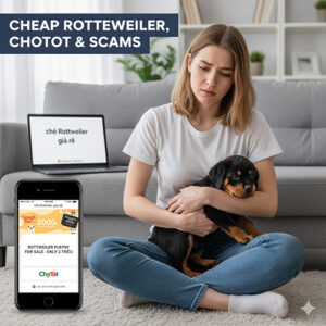 Hình ảnh cảnh báo mua chó Rottweiler giá rẻ trên Chợ Tốt và nguy cơ lừa đảo thường gặp