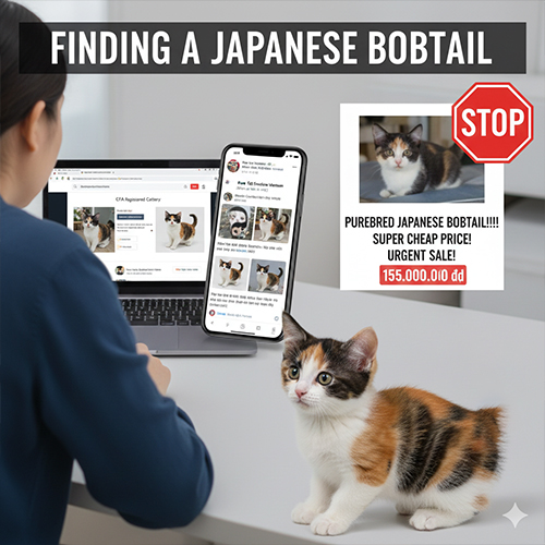 Người dùng tìm kiếm trại mèo Japanese Bobtail trên laptop và cảnh báo lừa đảo mèo giá rẻ