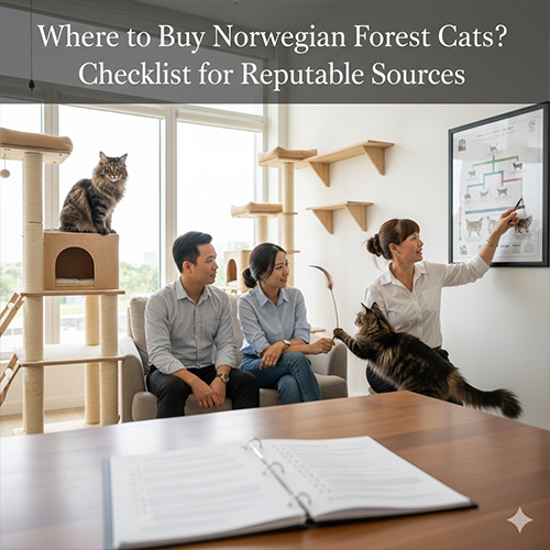 Một cặp đôi đang được nhà nhân giống tư vấn và xem sơ đồ phả hệ mèo rừng Na Uy tại trại mèo chuyên nghiệp