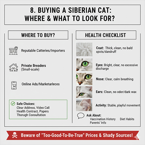 Hướng dẫn mua mèo Siberian gồm nơi mua uy tín và checklist kiểm tra sức khỏe trước khi chọn mèo
