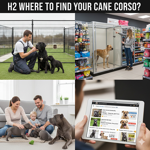 Các kênh tìm mua chó Ngao Ý Cane Corso gồm trại chó, pet shop, hộ nuôi gia đình và nền tảng online