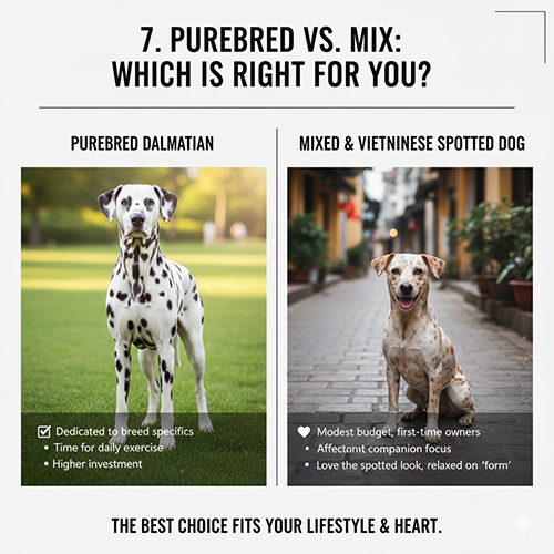 So sánh chó Đốm Dalmatian thuần chủng và chó Đốm lai chó ta để lựa chọn phù hợp
