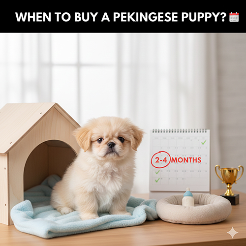 Chó Bắc Kinh con 2 đến 4 tháng tuổi ngồi trong nhà nhỏ, minh họa thời điểm nên mua