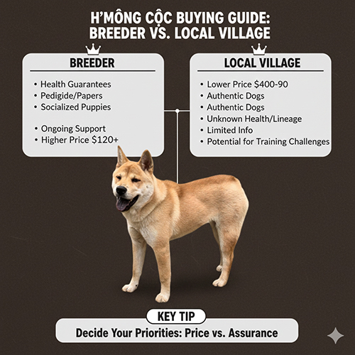 Infographic so sánh mua chó Mông Cộc tại trại và mua trực tiếp ở bản địa