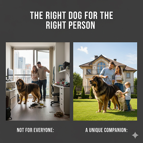 So sánh hoàn cảnh không phù hợp và phù hợp khi nuôi chó Ngao Tây Tạng, nhấn mạnh yếu tố con người và môi trường sống