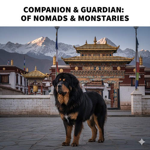Chó Ngao Tây Tạng đứng canh gác trước tu viện Tây Tạng, thể hiện vai trò bảo vệ của giống chó cổ xưa