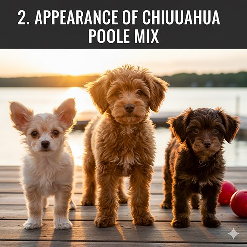 Ba bé chó Chihuahua lai Poodle đứng trên cầu gỗ cạnh hồ lúc hoàng hôn, mỗi bé một màu và kiểu lông khác nhau, thể hiện rõ sự đa dạng ngoại hình của dòng lai.