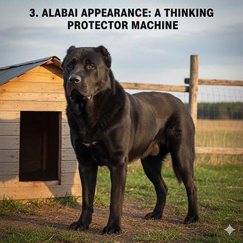 Chó Alabai màu đen trưởng thành đứng gác trước chuồng với thân hình to lớn