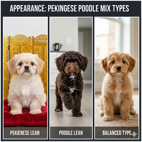 Ba kiểu ngoại hình chó Bắc Kinh lai Poodle gồm nghiêng Bắc Kinh, nghiêng Poodle và kiểu cân bằng
