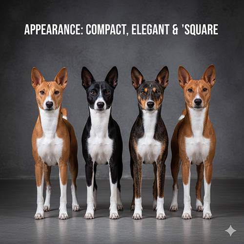 Các màu lông phổ biến của chó Basenji với dáng đứng vuông vức, tai dựng và đuôi cuộn đặc trưng