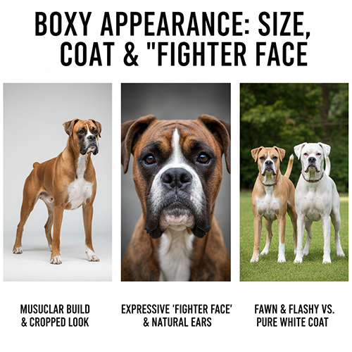 Ngoại hình chó Boxer với thân hình cơ bắp, khuôn mặt võ sĩ đặc trưng và các màu lông phổ biến