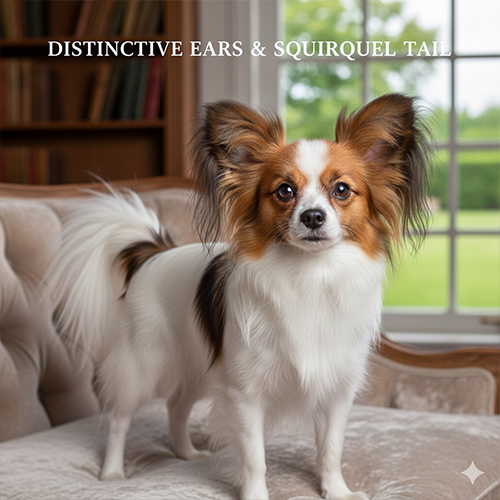 Ngoại hình chó Bướm Papillon với tai bướm dựng lớn và đuôi cong như đuôi sóc