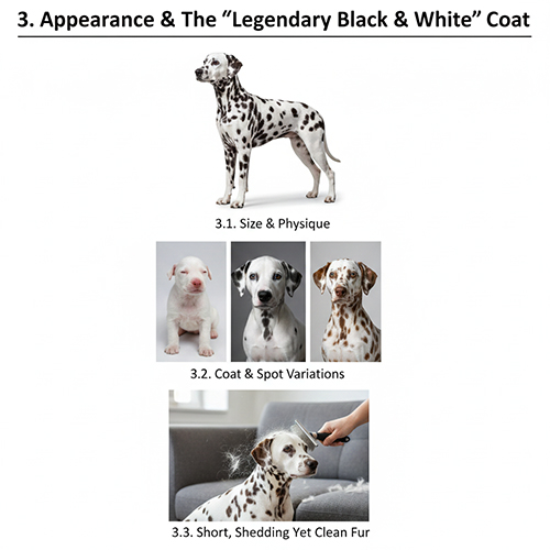 Ngoại hình chó Đốm Dalmatian với bộ lông trắng đốm đen đặc trưng