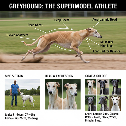 Ngoại hình chó Greyhound với thân hình thon gọn, ngực sâu, chân dài và cơ bắp săn chắc