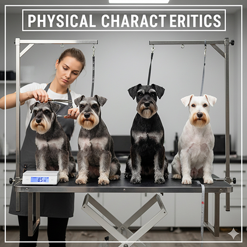 Ngoại hình chó ông già Schnauzer với râu dài, lông cứng, các màu phổ biến và kích thước theo từng dòng