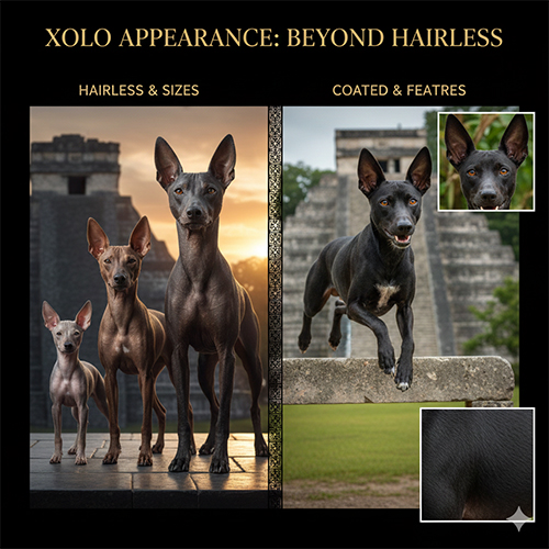 Ngoại hình chó Xoloitzcuintle với hai dạng không lông và có lông, nhiều kích cỡ