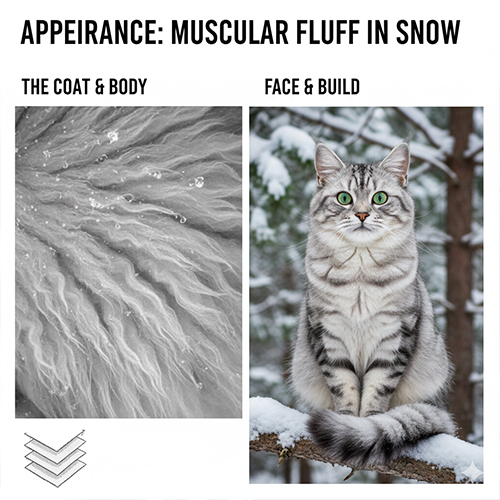 Ngoại hình mèo Siberian với thân hình cơ bắp, bộ lông ba lớp dày và khuôn mặt tròn ngồi giữa khung cảnh tuyết trắng