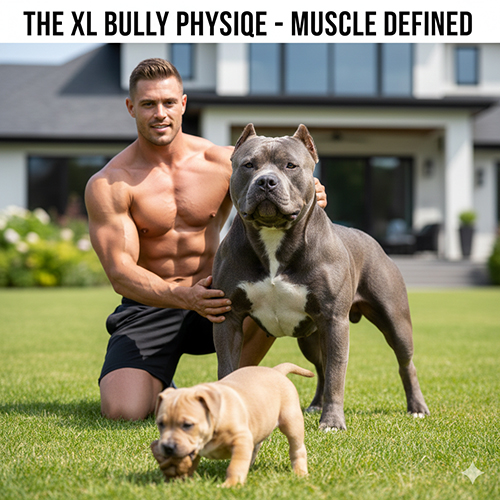 Chó XL Bully màu xám cơ bắp đứng tạo dáng trên bãi cỏ, cạnh người đang giữ và một bé Bully con phía trước