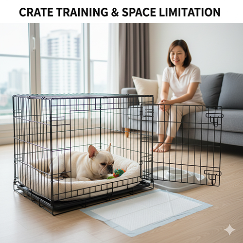 Chó Bull Pháp con đang ngủ trong chuồng với nệm êm, bên ngoài có pad vệ sinh và chủ quan sát gần đó