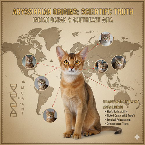 Sơ đồ nguồn gốc khoa học của mèo Abyssinian với liên hệ gen quanh Ấn Độ Dương và Đông Nam Á