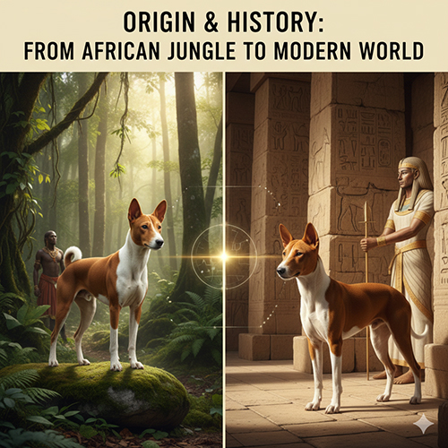 Chó Basenji trong bối cảnh rừng rậm châu Phi và nền văn minh cổ đại, thể hiện nguồn gốc cổ xưa của giống chó