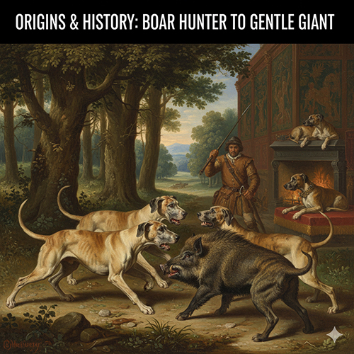 Hình ảnh minh họa lịch sử chó Great Dane thời săn lợn rừng, thân hình lớn và dũng mãnh