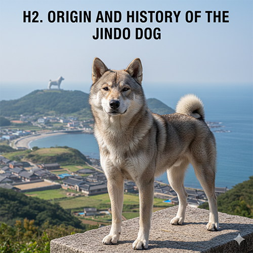 Chó Jindo Hàn Quốc đứng trên mỏm đá cao nhìn xuống đảo Jindo, thể hiện nguồn gốc bản địa