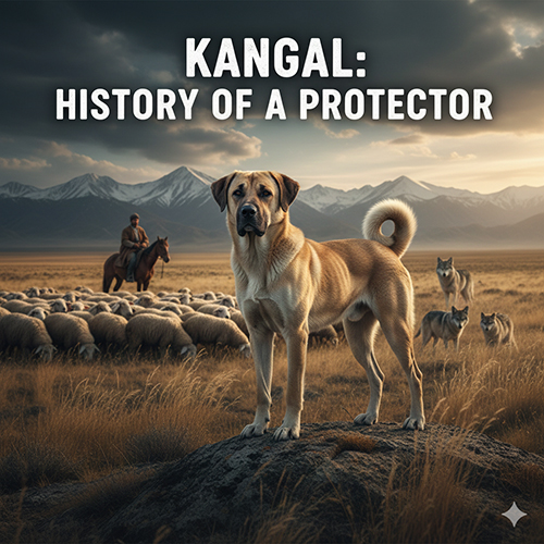 Hình ảnh chó Kangal đứng trên mô đất, phía sau là đàn cừu và người chăn cưỡi ngựa giữa cao nguyên Anatolia hùng vĩ