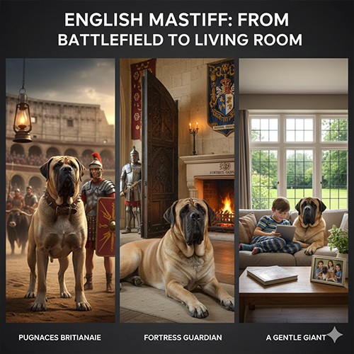 Hình ảnh minh họa lịch sử chó Ngao Anh English Mastiff từ chiến trường cổ đại, pháo đài đến không gian gia đình