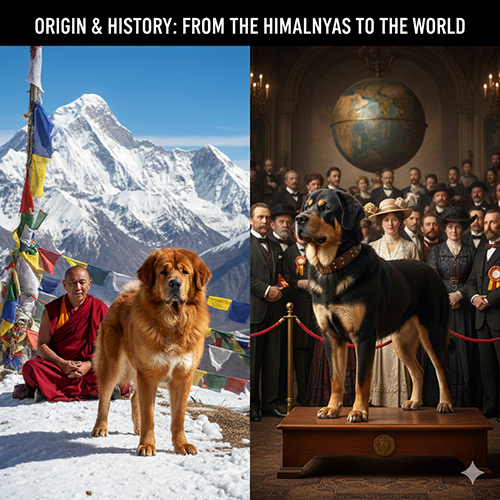 Hình ảnh chó Ngao Tây Tạng từ cao nguyên Himalaya đến châu Âu, thể hiện hành trình lịch sử và nguồn gốc cổ xưa của giống chó này