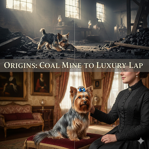 Ảnh minh họa nguồn gốc chó sục Yorkshire, đối lập giữa cảnh mỏ than và phòng khách sang trọng.