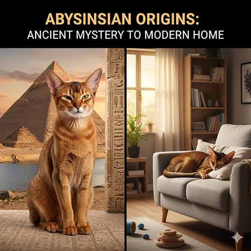 Mèo Abyssinian với hình ảnh đối lập giữa Ai Cập cổ đại và không gian phòng khách hiện đại