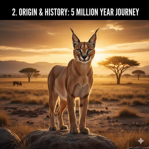 Mèo Caracal đứng giữa thảo nguyên châu Phi lúc hoàng hôn, thể hiện vẻ đẹp hoang dã cổ xưa