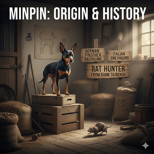 Chó Phốc hươu (Minpin) trong khung cảnh nhà kho xưa, đứng trên thùng gỗ cùng các bảng chỉ dẫn nguồn gốc như German Pinscher, Dachshund, Italian Greyhound – minh họa lịch sử hình thành giống.