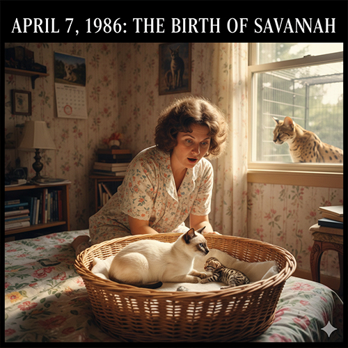 Khoảnh khắc mèo Savannah F1 đầu tiên ra đời năm 1986 trong một căn phòng nuôi mèo